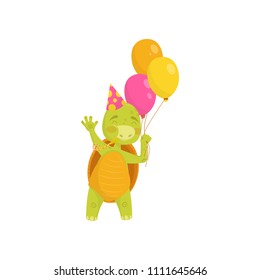 Happy turtle blowing in party whistle and holding glossy balloons. Reptile with cone hat on head. Flat vector for Birthday postcard