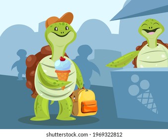 Happy turtle cartoon character buying ice cream illustration. Cute tortoise holding cone, seller smiling, silhouettes of sea mammals. Ice cream shop, street food, marketing, sweet treats concept