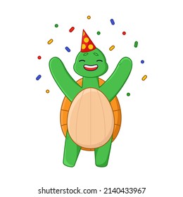 Happy turtle cartoon character in party hat sticker. Cute comic tortoise celebrating birthday or event, confetti flat vector illustration isolated on white background. Emotions, animals concept