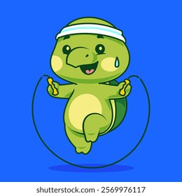 A happy turtle cartoon character skipping rope while sweating, wearing a sporty headband on a bright blue background.