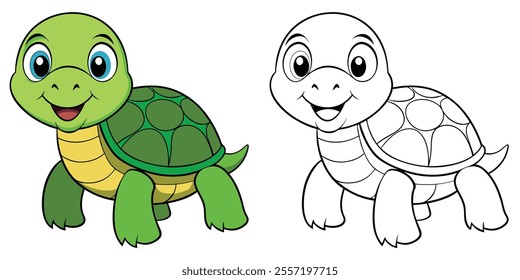 Happy Turtle Cartoon Coloring Page For Kids. Animal Ocean Coloring Book Printable
