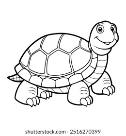 Happy Turtle Cartoon Line Drawing - Black and White Coloring Book Illustration. Turtle vector, cartoon, clipart, and line art design on a white background.