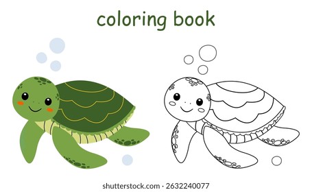 happy turtle coloring book for kids. Wild animal coloring pages for children