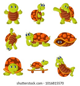 Happy turtle icons set. Cartoon illustration of 9 happy turtle vector icons for web