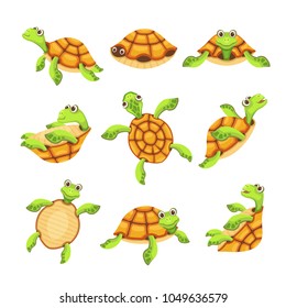 Happy turtle icons set. Cartoon illustration of 9 happy turtle vector icons for web