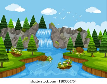 Happy turtle in the river illustration