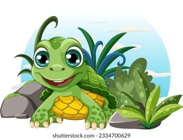 A happy turtle is smiling and standing near plants and rocks in a vector cartoon illustration illustration