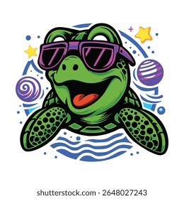 Tartaruga feliz com óculos escuros e fundo cósmico — vetor de desenhos animados arrojado e vibrante.