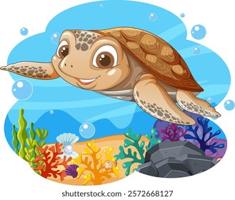 Happy turtle swimming among colorful coral and bubbles