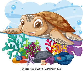 A happy turtle swimming near colorful coral and shells