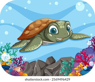 A happy turtle swims among colorful coral and rocks