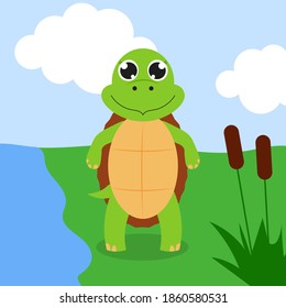 Happy turtle. Vector cartoon illustration. Isolated. Cute character in the flat style.