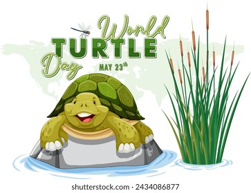 Happy turtle in water with World Turtle Day text