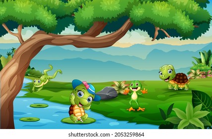 Happy turtles and frogs playing in the river illustration