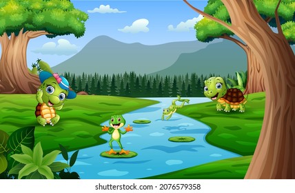 Happy turtles and frogs playing in the river illustration