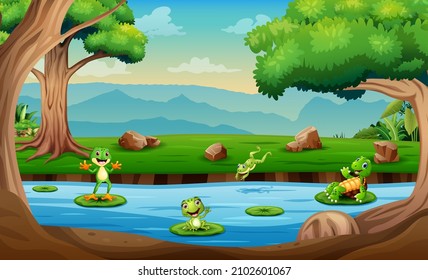 Happy turtles and frogs playing in the river illustration