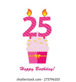 Happy Twenty Fifth Birthday Anniversary card with cupcake and candle in flat design style, vector illustration