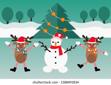 Happy twin reindeer and snowman in front of the Christmas tree. Greeting card holiday season in cartoon style. vector illustration.