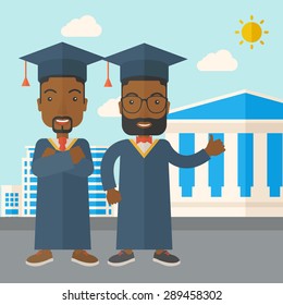 Feliz de dos jóvenes negros con una toga y gorra de graduación parados bajo el sol. Un estilo contemporáneo con paleta pastel, un fondo suave de tonos azules con nubes desaturadas. Diseño plano vectorial
