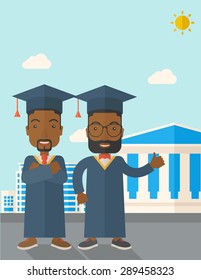 Feliz de dos jóvenes negros con una toga y gorra de graduación parados bajo el sol. Un estilo contemporáneo con paleta pastel, un fondo suave de tonos azules con nubes desaturadas. Diseño plano vectorial