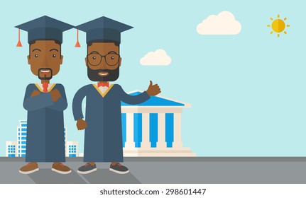 A happy two black young men wearing a toga and graduation cap standing under the sun. A Contemporary style with pastel palette, soft blue tinted background with desaturated clouds. Vector flat design