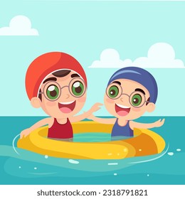 Happy Two Boys Character Wear Goggles and Swimming Inflatable Ring in Water for Pool Party on Summer Holiday.