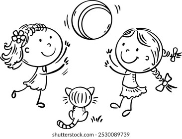 Happy two cartoon girls playing ball. Kids communication and common outdoor activities, cooperation outline clipart