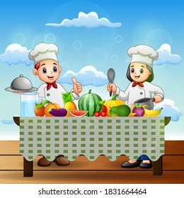 Happy two chef preparing healthy foods