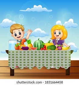 Happy two children with dishes of many kinds of fruits