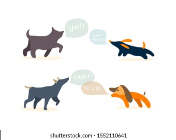 Happy two dogs with speech bubbles. Cartoon vector illustration about home pet.