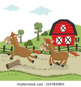 Happy two horse cartoon in the farm with barn and green field. Nature and country concept. Vector childish background for fabric textile, nursery wallpaper, card, poster and other decoration.