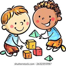Happy two kindergarten children playing with blocks. Little kids playing with toys. Isolated illustration