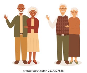 Happy two modern seniors couples standing together and smiling. Senior black-skinned couple and white-skinned couple. Modern pensioners, stylish look. Colored flat cartoon vector illustration isolated