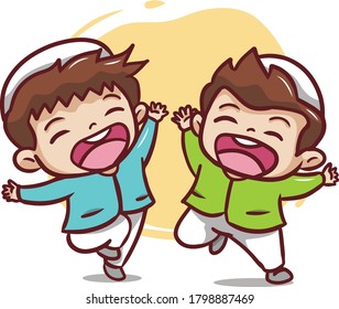 Happy Two Moslem Boy Illustration