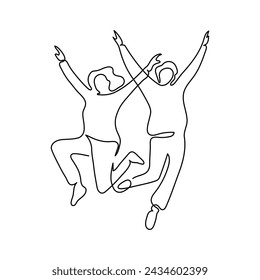 Happy of two people jumping, continuous one line drawing. Friendship, team work, healthy lifestyle, success concept. Minimalist simple linear style. Vector outline illustration