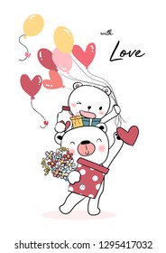 happy two teddy bear holding balloon heart and gift boxes