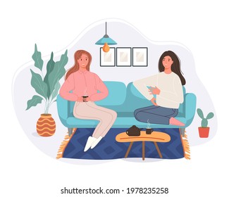 Happy two women sitting in the couch drinking coffee and talking at home. Smiling character spending time together. Vector illustration friendly conversation concept