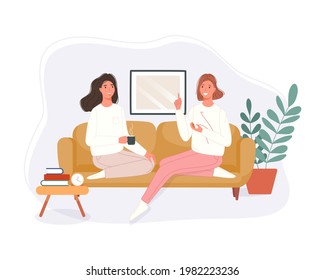 Happy two women sitting in the couch drinking coffee and talking at home. Smiling character spending time together. Vector illustration friendly conversation concept