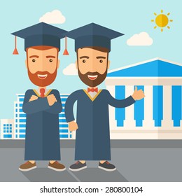 A happy two young men wearing a toga and graduation cap standing under the sun. A Contemporary style with pastel palette, soft blue tinted background with desaturated clouds. Vector flat design