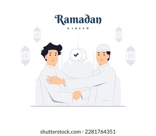 Happy two Young Muslim men celebrate victory day, Eid Al Fitr with shaking hand and smile each other concept illustration