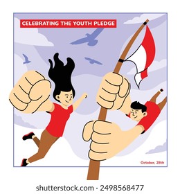 Happy two young people fall holding an Indonesian flag with clouds, and birds on the background celebrating the Indonesia youth pledge day or Hari Sumpah Pemuda on October 28th vector illustration