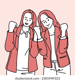 Happy Two Young Women Stand and Cheer Up Together, Guts pose,  posing for support. Pink soft-tone drawing illustration