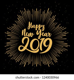Happy Typographical 2019 New Year. Vector Illustration With Lettering Composition And Burst. Holiday vintage festive label
