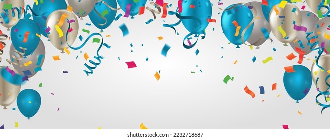 Happy typography vector design. template for birthday celebration. foil confetti and and glitter balloons