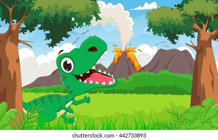 happy tyrannosaurus cartoon with the prehistoric background