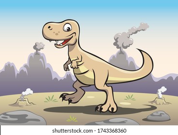 Happy tyrannosaurus walking around volcano area.