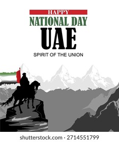 Feliz Día Nacional de los EAU. Ilustración vectorial de un hombre montando un caballo llevando una bandera. Póster, Anuncio, Plantilla de diseño	
