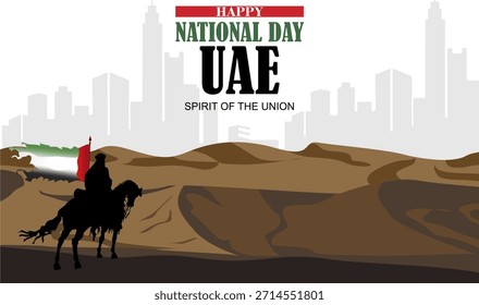 Feliz Día Nacional de los EAU. Ilustración vectorial de un hombre montando un caballo llevando una bandera. Póster, Anuncio, Plantilla de diseño	
