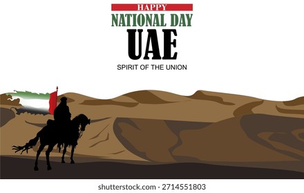 Feliz Día Nacional de los EAU. Ilustración vectorial de un hombre montando un caballo llevando una bandera. Póster, Anuncio, Plantilla de diseño	
