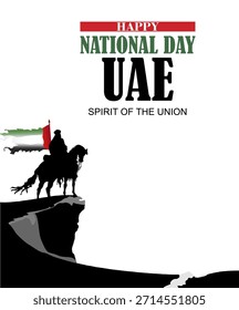 Feliz Día Nacional de los EAU. Ilustración vectorial de un hombre montando un caballo llevando una bandera. Póster, Anuncio, Plantilla de diseño	
